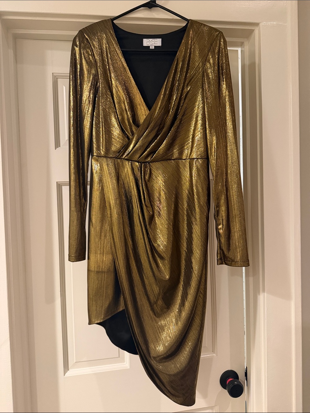 RYSE The Label Metallic Gold Asymmetric Wrap Cocktail Dress